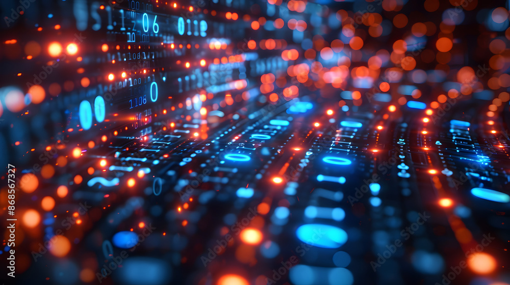 Abstract digital background with blue and red binary code. Futuristic technology and data concept with glowing dots and lines