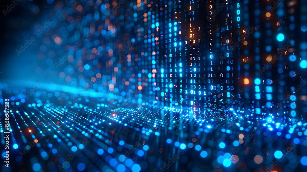 Abstract digital background with blue and red binary code. Futuristic technology and data concept with glowing dots and lines