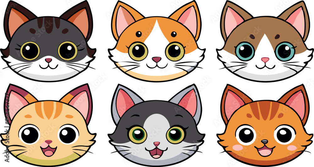 A collection of six adorable cartoon cat faces in different colors and expressions. Perfect for design projects, kids' materials, and playful themes. A collection of six adorable cartoon cat faces in different colors and expressions. Perfect for design projects, kids' materials, and playful themes.