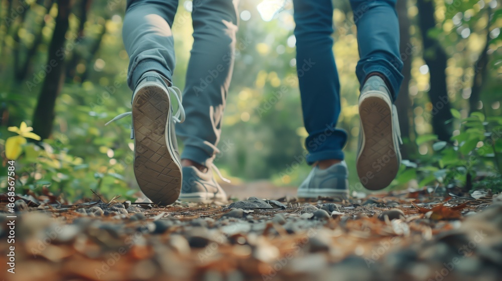 A low-angle view of two people walking on a dirt path in a forest. Their feet and sneakers are in focus, while the rest of the image is blurred, suggesting movement and a sense of adventure. A low-angle view of two people walking on a dirt path in a forest. Their feet and sneakers are in focus, while the rest of the image is blurred, suggesting movement and a sense of adventure.