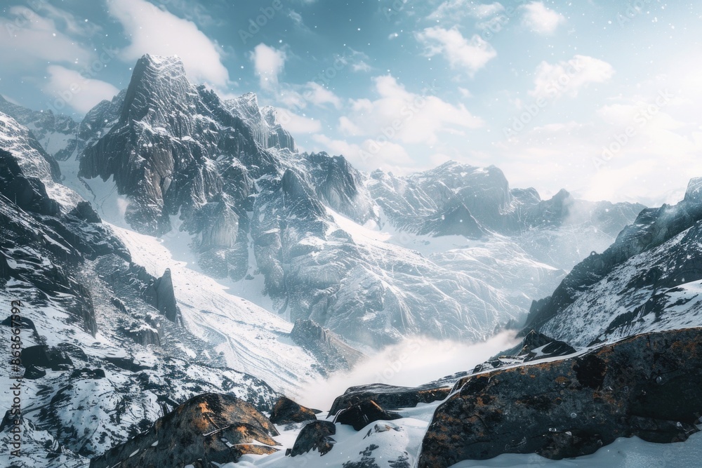 Fototapeta premium A snowy mountain landscape with rocks and snow cover