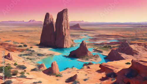 Enchanted Surreality: Landscape with Vibrant Colors and Floating Rock Formations, Generative AI photo