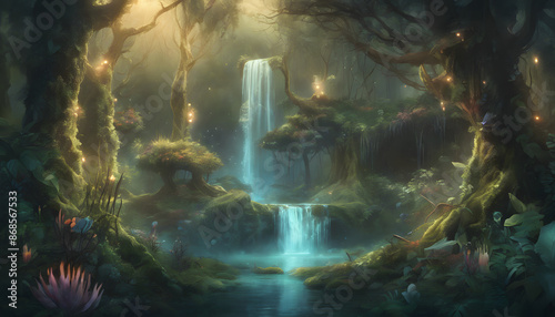 The Radiant Glade: Discover the Magic of a Mystical Forest and Its Sparkling Waterfall, Generative AI photo