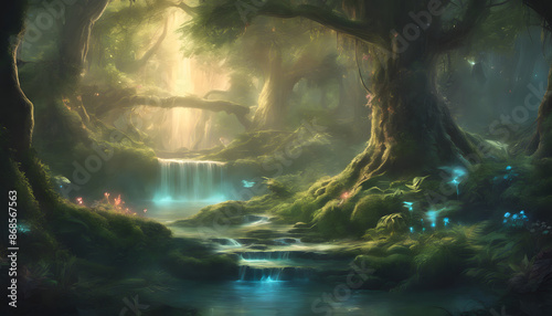 A Journey Through the Enchanted Woodland: Glowing Flora, Mythical Beings, and Shimmering Waters, Generative AI photo