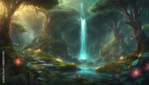 The Mystical Enclave: An Enchanted Forest Brimming with Luminescent Plants and Legendary Creatures, Generative AI photo