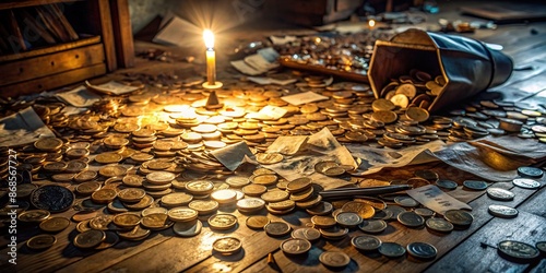 A cluttered, dimly lit floor with scattered coins, receipts, and possessions, hinting at a thorough, frantic search for a misplaced valuable item. photo