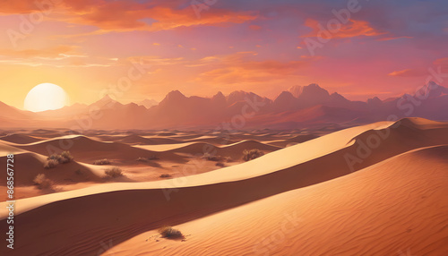 The Desert's Embrace: A Vast Landscape of Rolling Sand Dunes and a Radiant Sunset, Generative AI photo