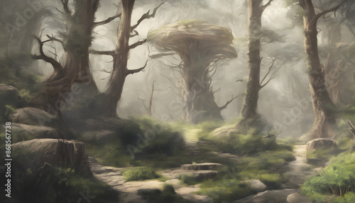 The Enchanted Woodland: A Magical Forest of Towering Trees, Glowing Mushrooms, and Misty Pathways, Generative AI photo