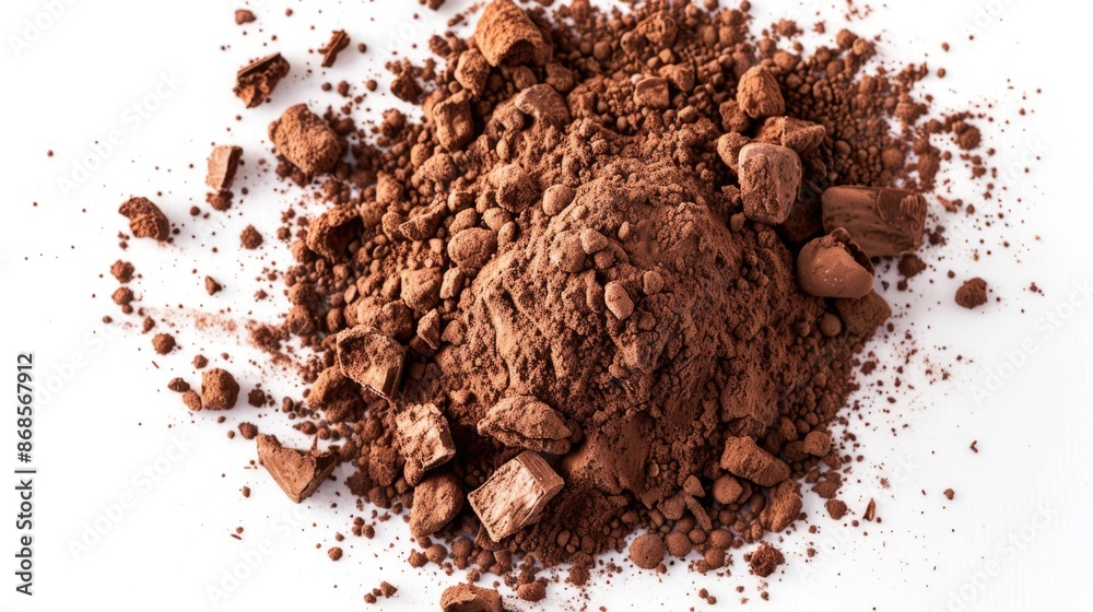 A close-up shot of a large pile of cocoa powder on a white surface A close-up shot of a large pile of cocoa powder on a white surface