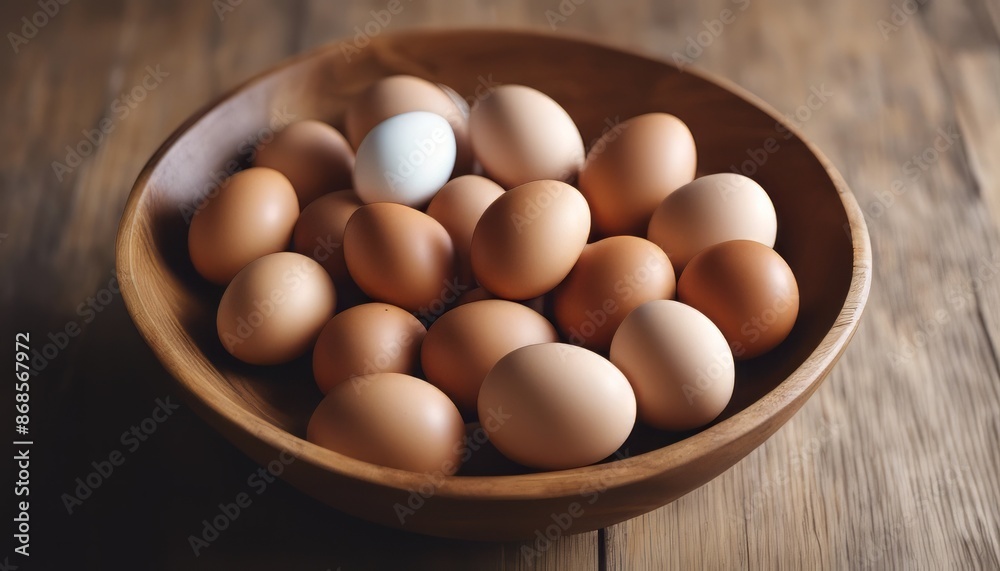 Top view of eggs on a wooden bowl Top view of eggs on a wooden bowl