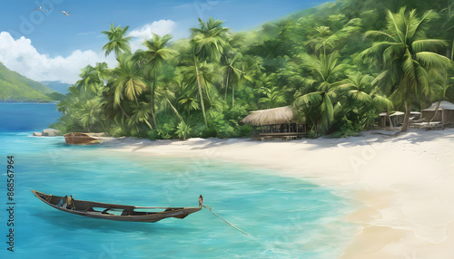 Idyllic Island Escape: Experience Crystal-Clear Waters, White Sand, and Lush Vegetation, Generative AI photo