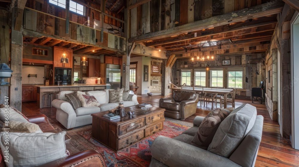 Rustic barn converted into a home with original, aged wood cladding preserved on interior walls Rustic barn converted into a home with original, aged wood cladding preserved on interior walls