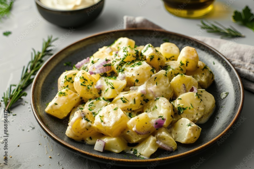 Delicious homemade potato salad with herbs and onions served on a black plate. Perfect for a summer picnic or BBQ. Delicious homemade potato salad with herbs and onions served on a black plate. Perfect for a summer picnic or BBQ.