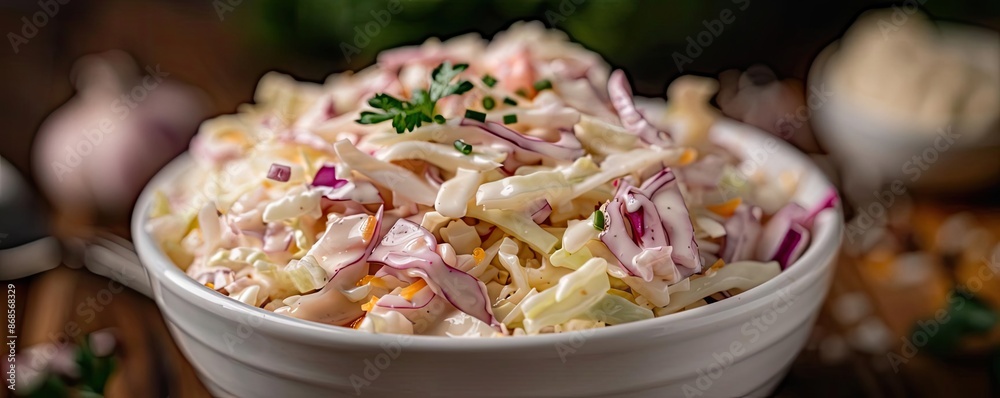 A close-up shot of a fresh coleslaw salad in a white bowl, garnished with parsley and surrounded by garlic cloves on a wooden surface. A close-up shot of a fresh coleslaw salad in a white bowl, garnished with parsley and surrounded by garlic cloves on a wooden surface.