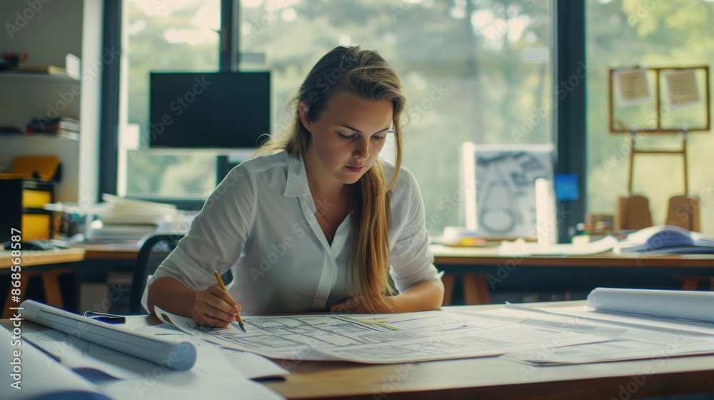 Fototapeta premium Architect sketching on blueprints in office