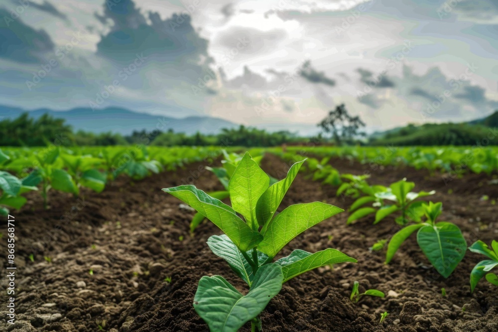 A serene scene of a field filled with various types of plants, under a cloudy blue sky A serene scene of a field filled with various types of plants, under a cloudy blue sky