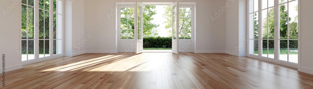 Fototapeta premium Spacious empty room with large windows and wooden floors, overlooking a green garden. Natural light floods the modern interior, creating a serene ambiance.
