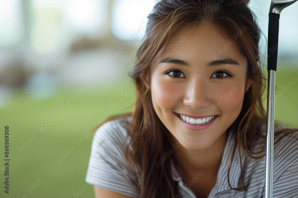 Funny cute image of an Asian Caucasian female golfer holding a golf club Funny cute image of an Asian Caucasian female golfer holding a golf club