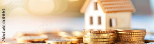 Stacks of gold coins next to a small model house, representing real estate investment, mortgage financing, and homeownership savings concept.