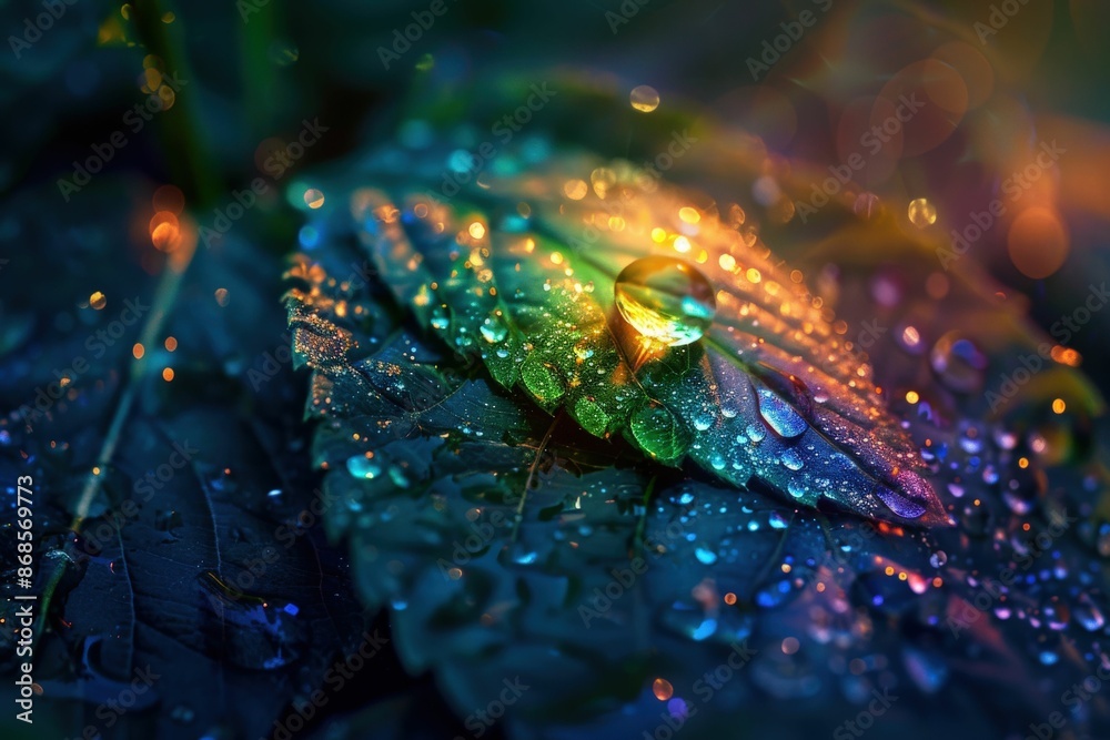 Fototapeta premium Vibrant Macro Shot of Dew-Covered Leaf with Rainbow Light Reflections in Nature
