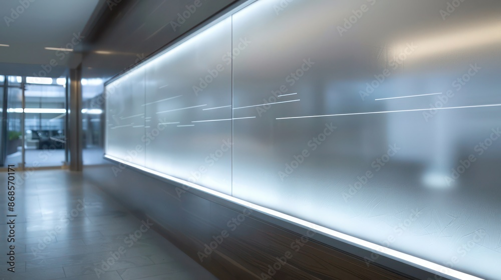Screen wall featuring a continuous strip of LED-lit frosted glass, etched with minimalist designs, offering both light and privacy in a sleek, modern form Screen wall featuring a continuous strip of LED-lit frosted glass, etched with minimalist designs, offering both light and privacy in a sleek, modern form