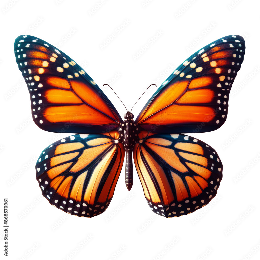 Fototapeta premium Orange and black color pattern butterfly top view, insect isolated on transparent background PNG Image