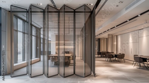 Screen wall featuring collapsible frames of lightweight aluminum, each frame covered in a breathable mesh that filters light and maintains an airy feel