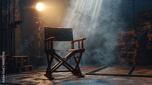 A film director's chair in a dimly lit room, suitable for use in movie or TV production sets
