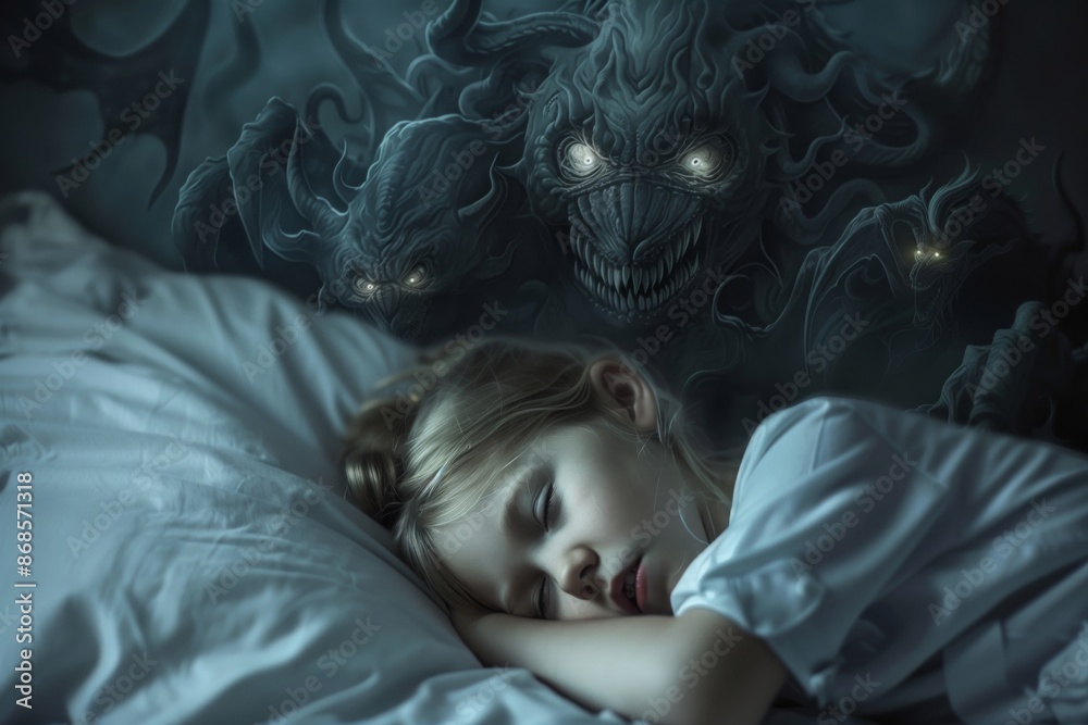 Child sleeps innocently while monsters embodying fear haunt night. Dark creature-infested nightmare looms young girl sleeps tight. Power of child's imagination bringing fears to life. Child sleeps innocently while monsters embodying fear haunt night. Dark creature-infested nightmare looms young girl sleeps tight. Power of child's imagination bringing fears to life.