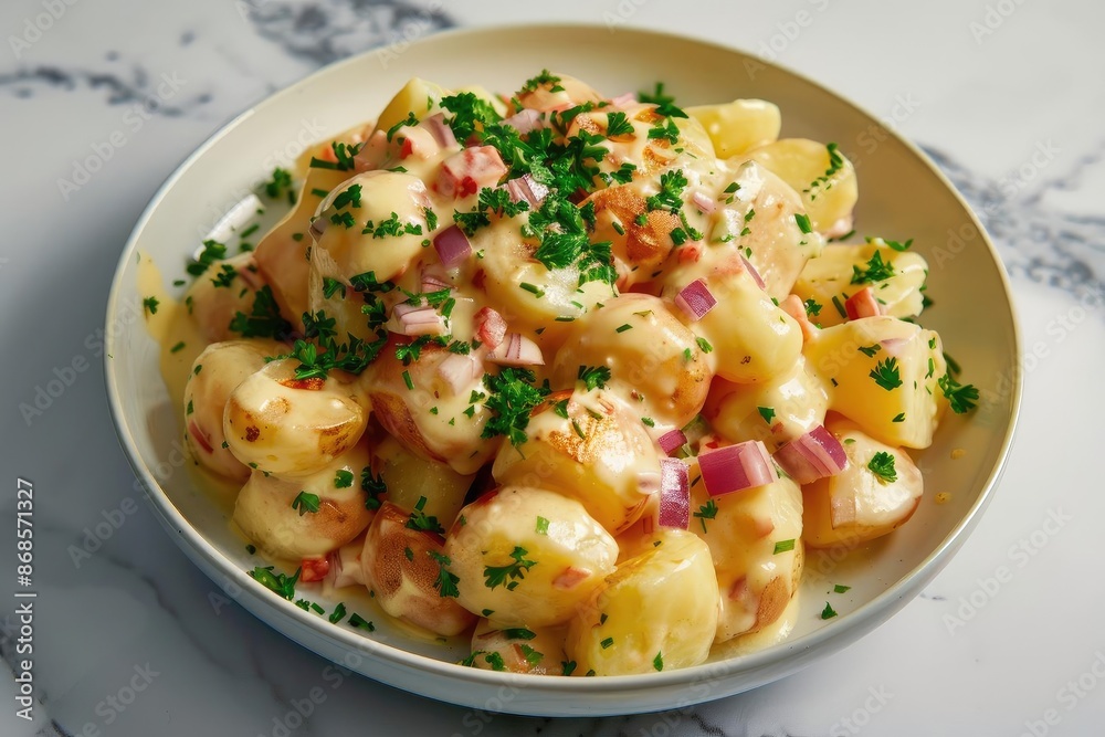 Creamy potato salad with red onion, parsley, and dressing in a bowl on a marble countertop. Creamy potato salad with red onion, parsley, and dressing in a bowl on a marble countertop.