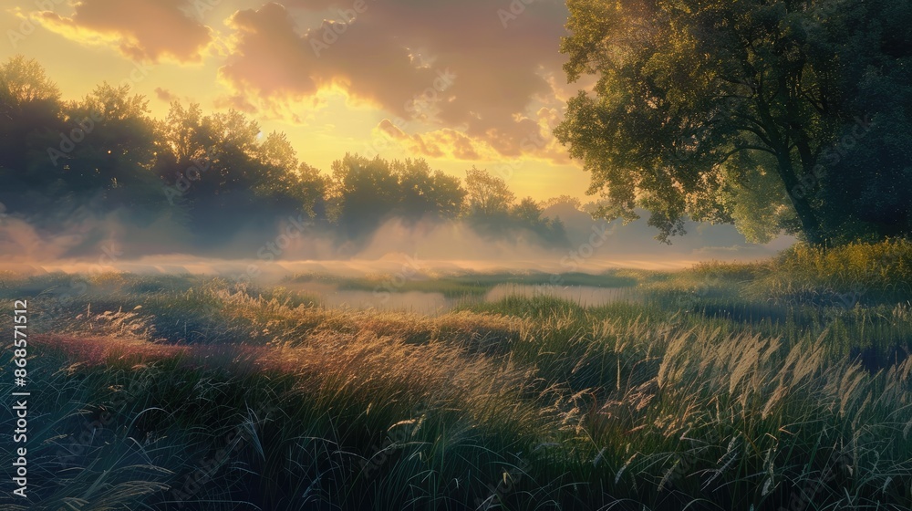 Fototapeta premium A tranquil meadow at dawn with mist rising and the first light of day