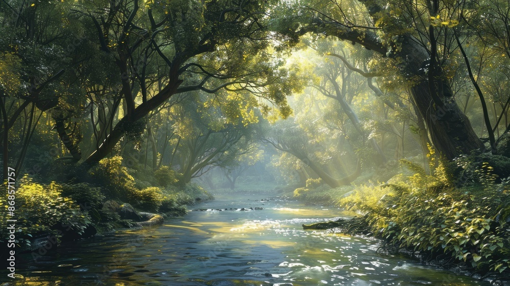 A tranquil river flowing through a forest with overhanging trees and dappled light A tranquil river flowing through a forest with overhanging trees and dappled light