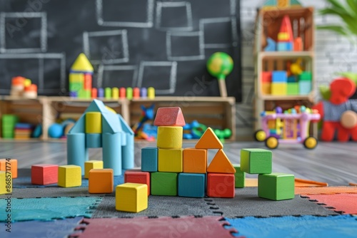 Colorful educational blocks in kids playroom with chalkboard for preschool kindergarten interior photo