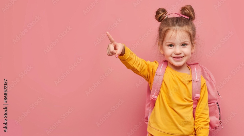 Photo of positive girl kid point finger copyspace hold rucksack isolated pastel color background Photo of positive girl kid point finger copyspace hold rucksack isolated pastel color background