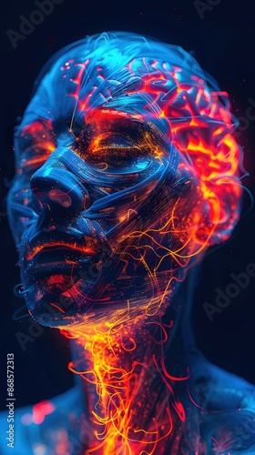 Surreal Glowing Brain in a Human Head - Vibrant Digital Painting Exploring the Organic and Digital