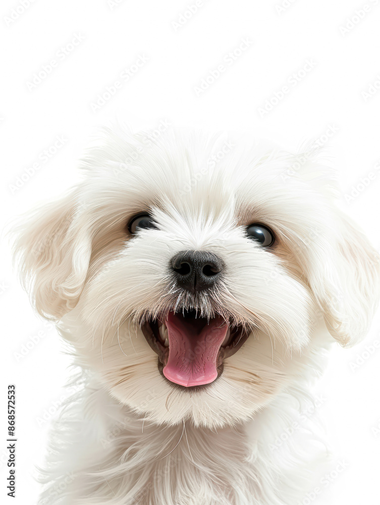 A white dog with a pink tongue is smiling and looking at the camera A white dog with a pink tongue is smiling and looking at the camera