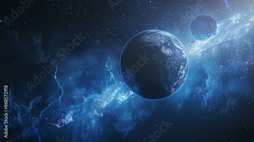Realistic Alien Planet and Blue Nebula in Space photo
