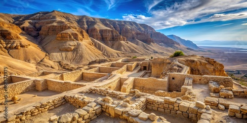 Ancient Qumran archaeological site in Judean Desert, Israel, featuring rugged cliffs, caves, and barren landscape where Dead Sea Scrolls were famously unearthed. photo