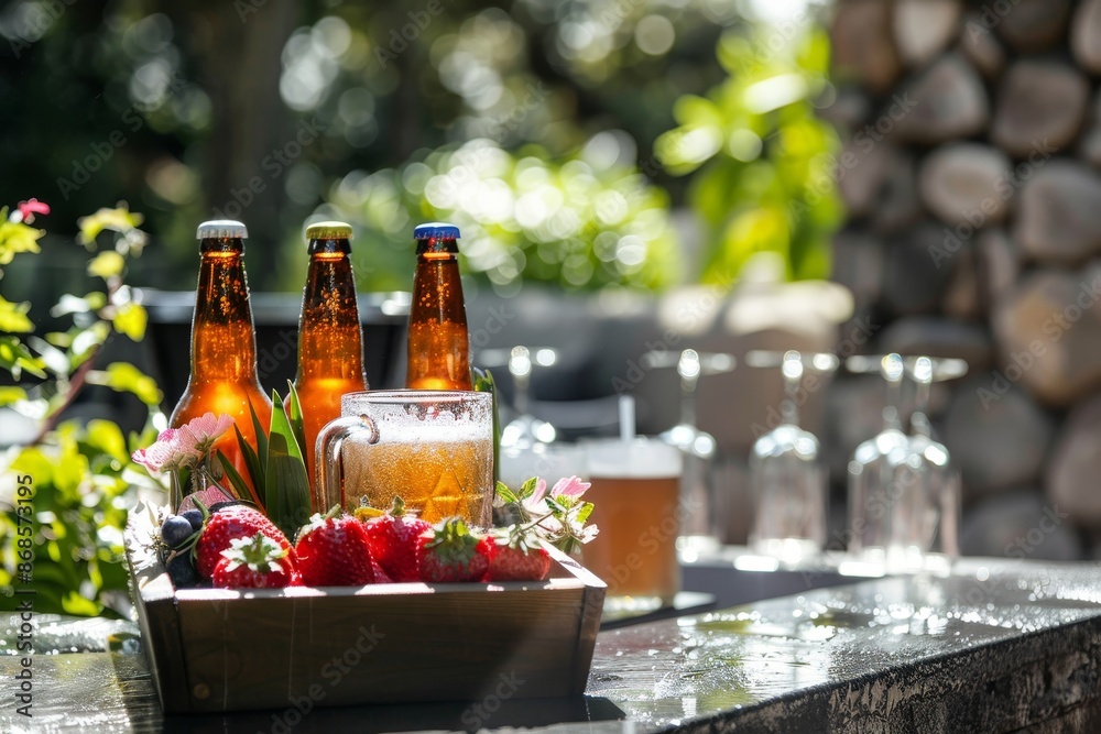 Home party refreshment chilled beer bottles and drinks display for text placement Home party refreshment chilled beer bottles and drinks display for text placement