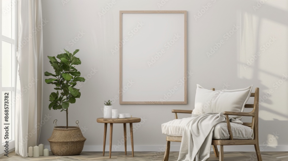 Poster mockup with vertical wooden frame in home interior background