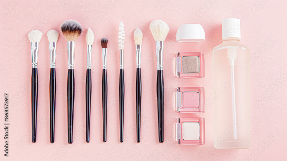 A collection of makeup brushes and containers are displayed on a pink background A collection of makeup brushes and containers are displayed on a pink background