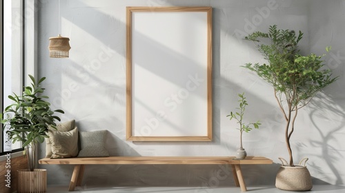 Poster mockup with vertical wooden frame in home interior background © Adi