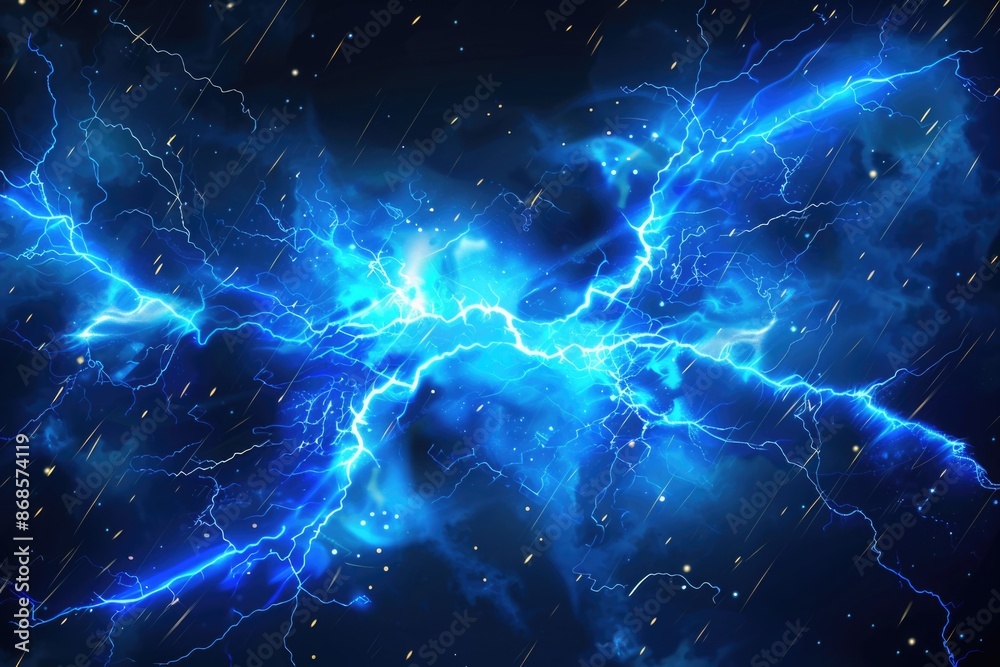 A dark blue and black background featuring lightning and stars A dark blue and black background featuring lightning and stars