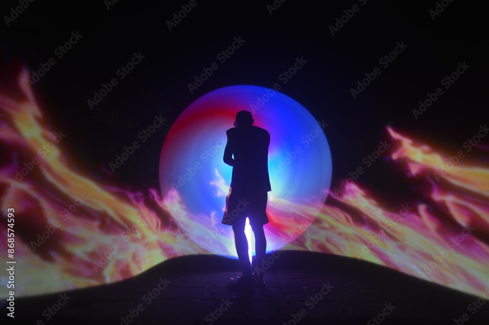 One person standing alone against a Colourful circle light painting as the backdrop One person standing alone against a Colourful circle light painting as the backdrop