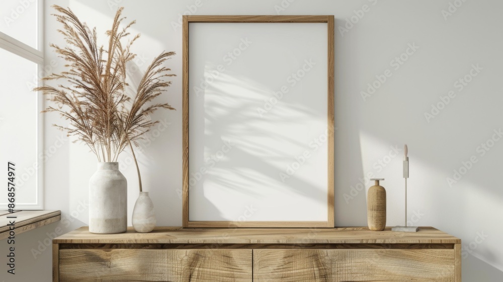 Fototapeta premium Poster mockup with vertical wooden frame in home interior background