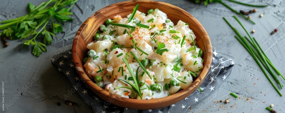 Delicious potato salad with peas, shrimp, and fresh herbs served in a wooden bowl on a gray tablecloth