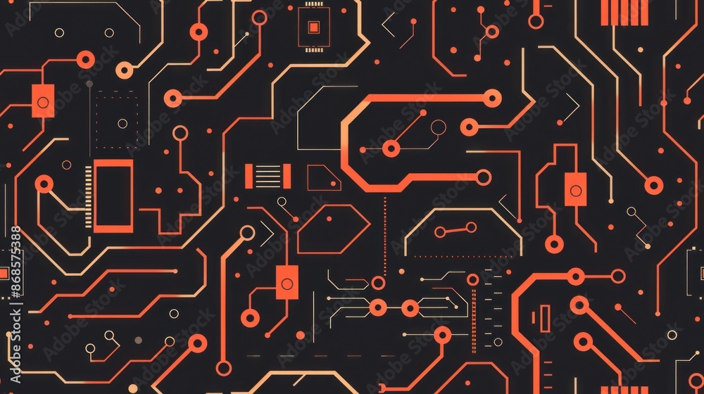 Abstract Circuit Board Design in Orange and Black