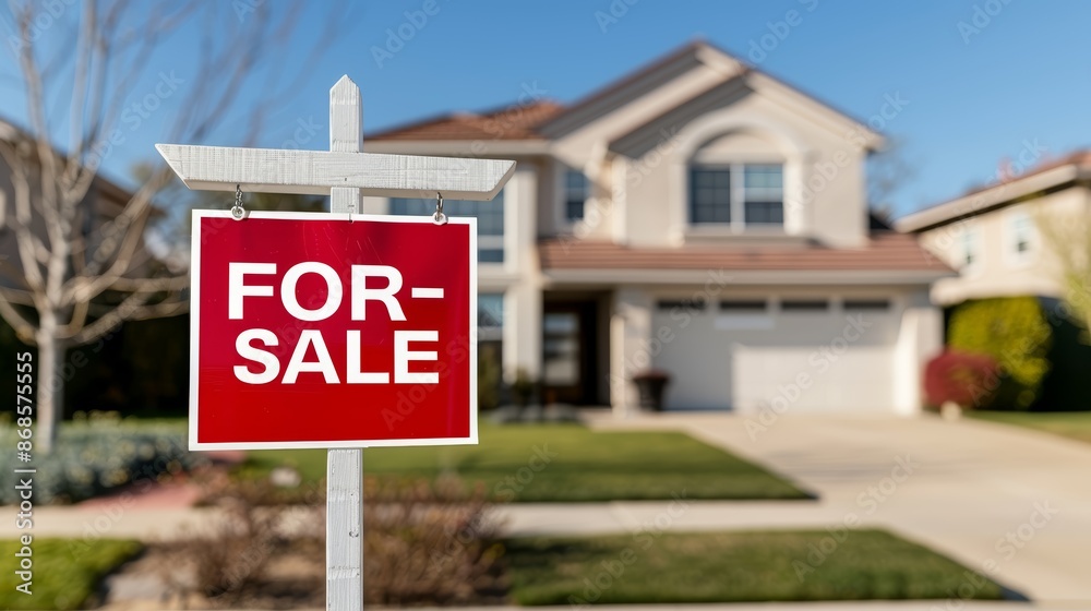 House for sale. A stunning real estate photograph of a suburban home with a House for sale. A stunning real estate photograph of a suburban home with a