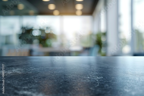 Black stone table top and blurred bokeh office interior space background - can used for display or montage your products. Generative ai