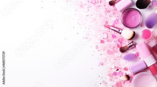 Top view make-up and cosmetics various on pink colors background